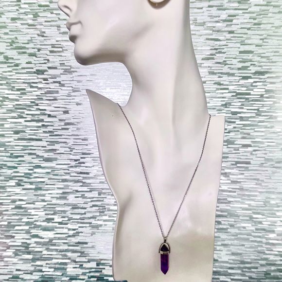 Purple Gemstone Pendant Necklace with Silver Plated Cable Chain Layering Jewelry - Picture 5 of 7